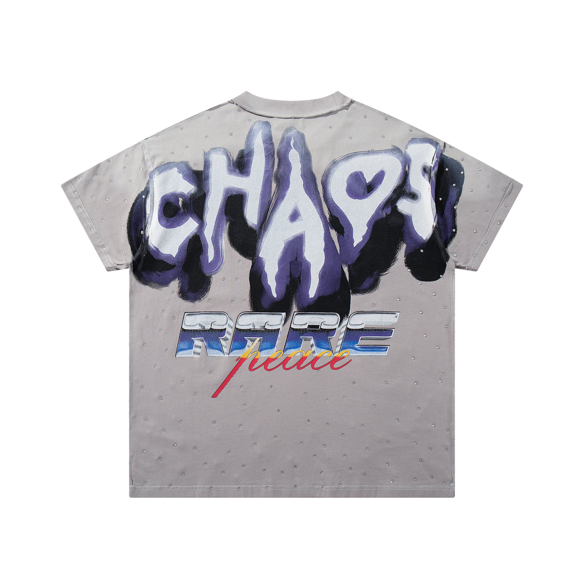 Rare Peace Chaos Car Graphic Oversized Rhinestone Gray T-Shirt