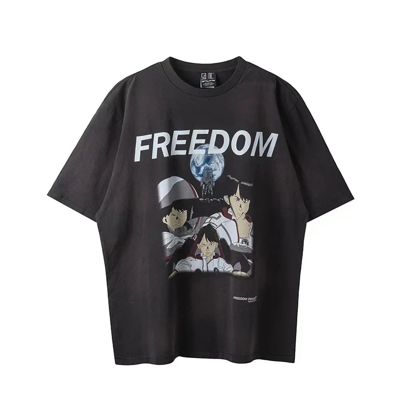 Saint Michael "FREEDOM" Anime Sci-Fi Graphic Vintage T-Shirt - Black